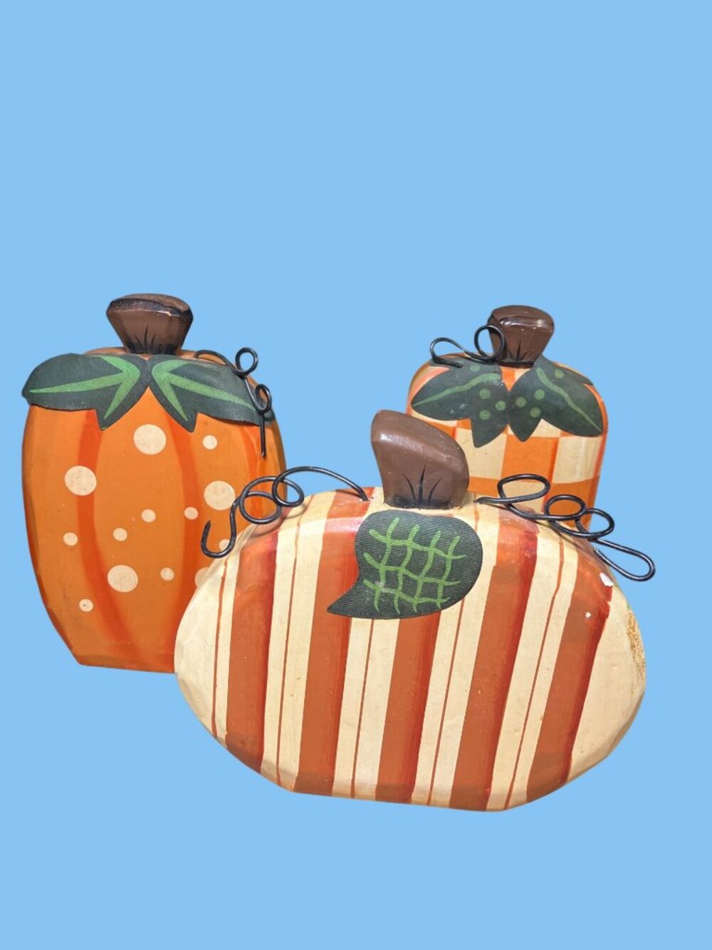 Handcrafted Wooden Pumpkin Set With Painted Stripes and Polka Dots
